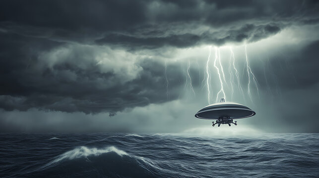 UFO Hovering Over Stormy Ocean with Lightning Strikes
