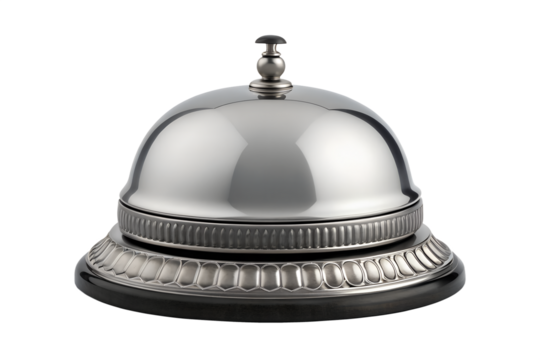 A highly polished, classic silver service bell stands ready on a pristine white background, symbolizing prompt attention, hospitality, and efficient customer service