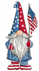 Patriotic Gnome Illustration with Starry Hat and Striped Socks, Holding a Flag for a Festive Celebration