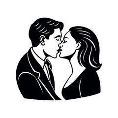 Romantic moment depicted in black and white with a loving couple kissing