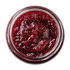 Top-down view of a jar of vibrant red fruit spread