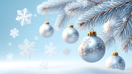 Elegant Christmas Ornaments on Silver Fir Branch with Sparkling Snowflakes Holiday Season Background Winter Wonderland Festive Mood Christmas Decoration Celebration