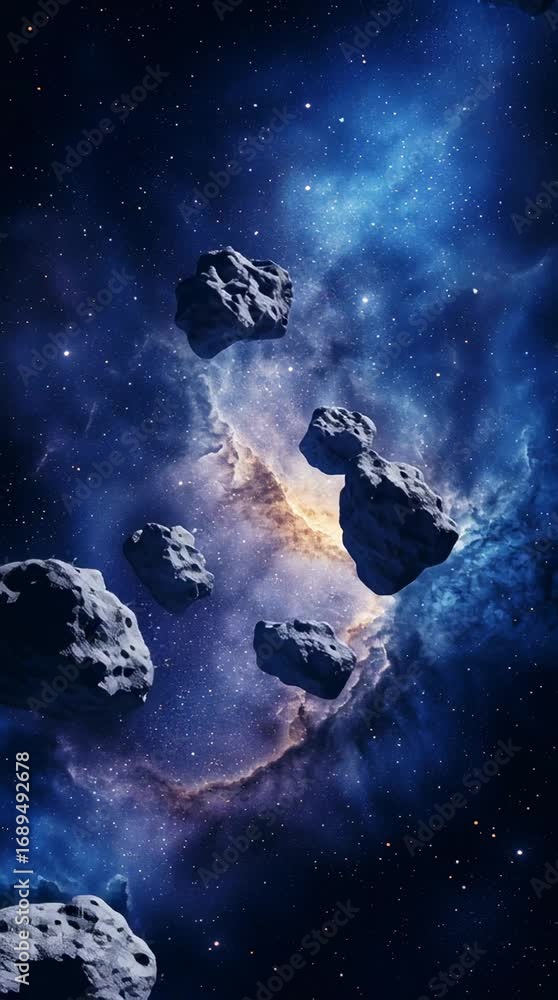 Poster group of asteroids rotating in space against nebula and stars