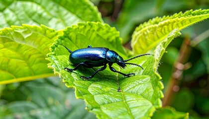Fototapeta premium A vibrant blue beetle resting on a lush green leaf