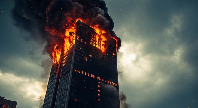 A towering office building is ablaze with fierce orange flames, emitting heavy black smoke and flying embers into the dark sky.