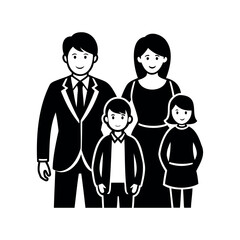 A stylized monochromatic vector depiction of a nuclear family of four people