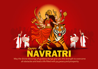 Happy Navratri Illustration with Goddess Durga on Tiger and Devotees Dancing