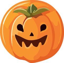 Cartoon illustration of a carved orange pumpkin with a happy smiling face, green stem, and black eyes and mouth.