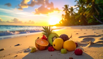 Tropical beach at sunset with pineapple, mango, dragon fruit, and raspberries on sand near ocean waves.