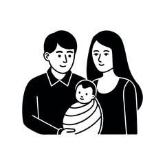 A happy young family with a newborn baby illustration black and white