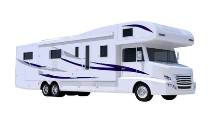 Large white motorhome with modern design, purple and blue stripes, multiple windows, and spacious layout, ideal for family travel, adventure, and comfortable road trips