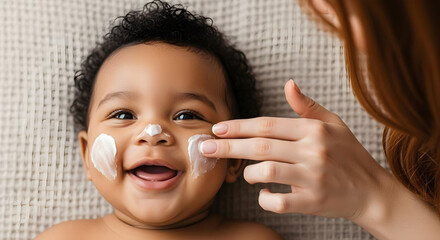 Caucasian mother applying healthy skin care moisturizing cream on cute adorable funny african american baby girl daughter face. Skincare lotion for infant pediatric diathesis treatment concept.