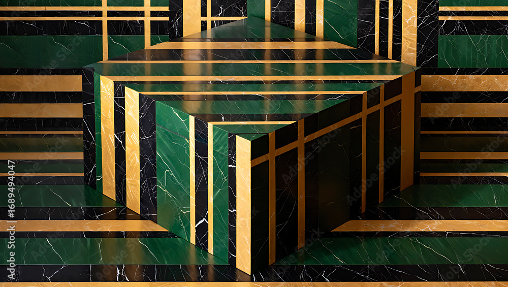Poster geometric abstract art with green and gold stripes, creating a sense of depth and luxury with a mode
