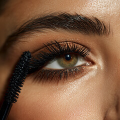 Closeup of Woman Applying Mascara to Long Eyelashes