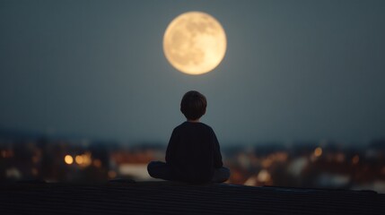 Serene Meditation Under the Moonlight: A Silhouette Contemplating the City Lights and the Celestial Sphere
