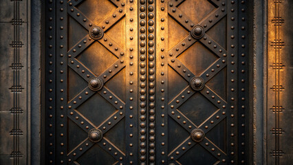Obraz premium Ornate Riveted Metal Door with Diamond Pattern and Warm Lighting Keywords: door, metal, ornate, riveted, studded, diamond pattern
