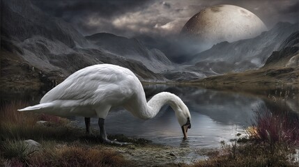 Serene Swan Drinking on Lakeside Shore with Mountain Vista Under a Surreal Sky and Moonlike Sphere