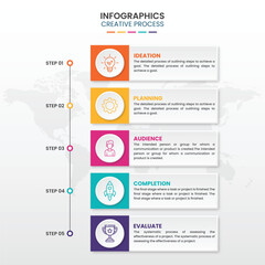 5 steps creative process timeline infographic, business infographic with 5 steps, marketing workflow diagram with 5 options, modern 5 step creative process presentation