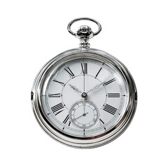 Close-up of a polished silver pocket watch.  Roman numerals mark the hours on a white face.  Timepiece details are visible