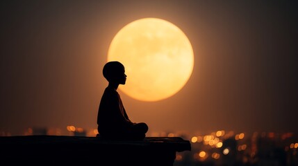 Silhouette of a Meditating Person with a Large Sun Behind, Symbolizing Inner Peace and Contemplation at Sunset