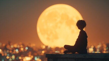 Silhouette of a Person Contemplating a Glowing Circle Above a Cityscape at Dusk, Evoking Themes of Loneliness and Reflection