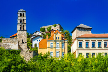 Obraz premium Panoramic view of the old town of Jajce, church tower of St Luke and fortress, Bosnia and Herzegovina 
