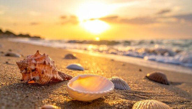 Seashells on sandy beach at sunset with warm light, conch and scallop shells, gentle waves, and tropical silhouettes.