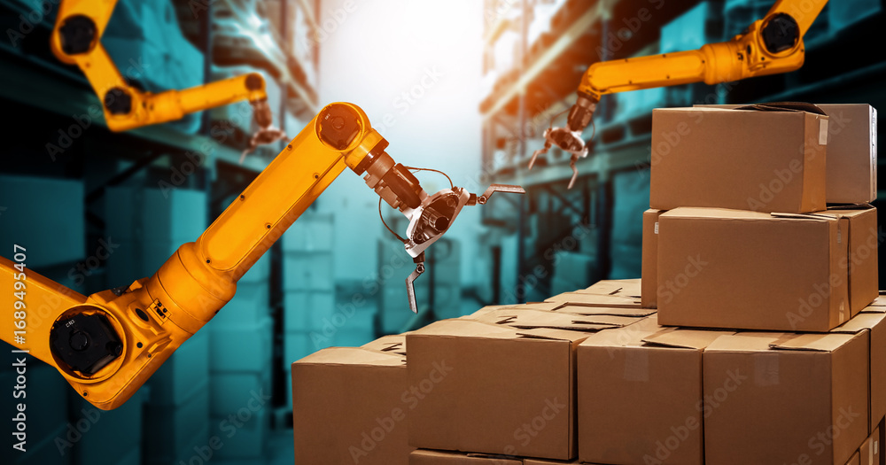 Poster smart robot arm system for innovative warehouse and factory digital technology . automation manufact
