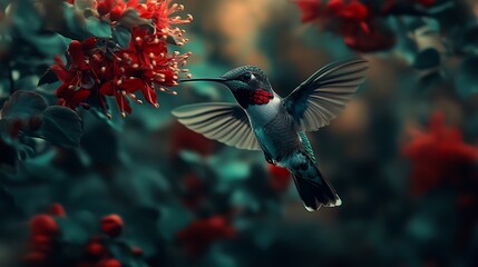 Hummingbird with red throat feeding on red flowers flying nature photo