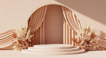 Elegant Beige Product Display:  Neutral Tones,  Floral Arrangement,  Archway Backdrop,  Soft Lighting
