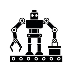 Retro robot working on an assembly line, interacting with boxes, in black and white