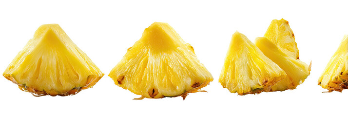 Slices of fresh pineapple, vibrant yellow flesh, triangular sections against black background