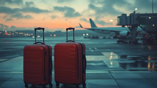 Two red suitcases are on the tarmac of an airport. The sky is cloudy and the sun is setting