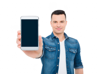 Young man holding smartphone with blank screen wearing casual denim shirt smiling confidently isolated on transparency background technology concept modern lifestyle communication digital device