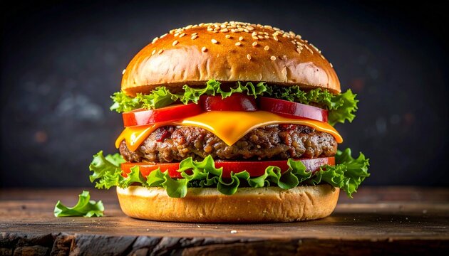 Close-up of classic cheeseburger with sesame bun, lettuce, beef patty, cheddar, tomato, and red onion on dark background.