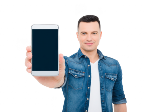 Young man holding smartphone with blank screen wearing casual denim shirt smiling confidently isolated on transparency background technology concept modern lifestyle communication digital device - Powered by Adobe