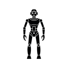 Monochrome Image Depicts a Robot with Geometric Features Standing Tall and Proud