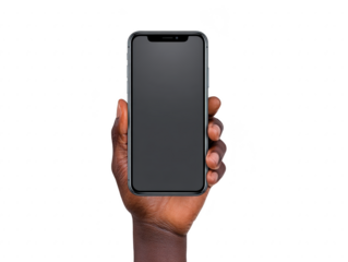 Hand holding smartphone with blank screen, isolated on transparency background, modern technology, communication, and connectivity concept, suitable for app presentation or mockup design
