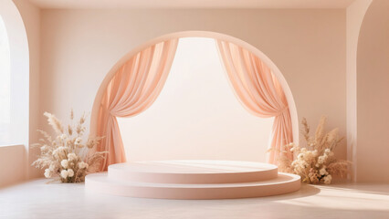 Serene Minimalist Product Display: Peach Tones, Archway, Pampas Grass, and Elegant Two-Tiered Pedestal.

