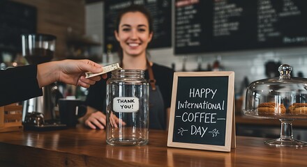 Barista smiling behind counter as customer drops money into jar on international coffee day coffee day