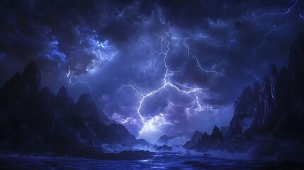 Intense Lightning Storm Over a Dark Rocky Landscape and Water clouds photo