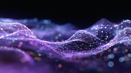 Abstract glowing purple waveform with data points and light flares creating a futuristic digital network