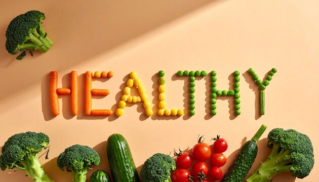 Healthy word art spelled with assorted fresh vegetables on solid background – creative food typography for nutritionists, dieticians, wellness brands, health campaigns, and commercial advertisements
