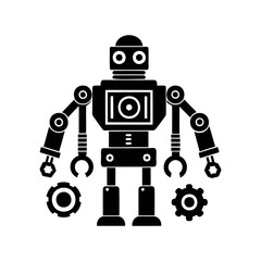 Monochrome vintage robot illustration with gears and mechanical arms on white background