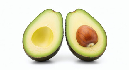 Two Avocado Halves on White Background Revealing the Seed Pit