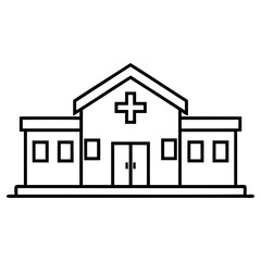 Minimalist black and white hospital building illustration with medical cross