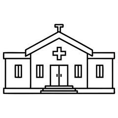 Simple black and white line drawing of church building