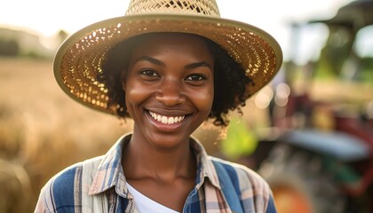 Woman farmer smiles in golden field