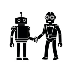 Two retro robots shaking hands in a symbol of unity and partnership