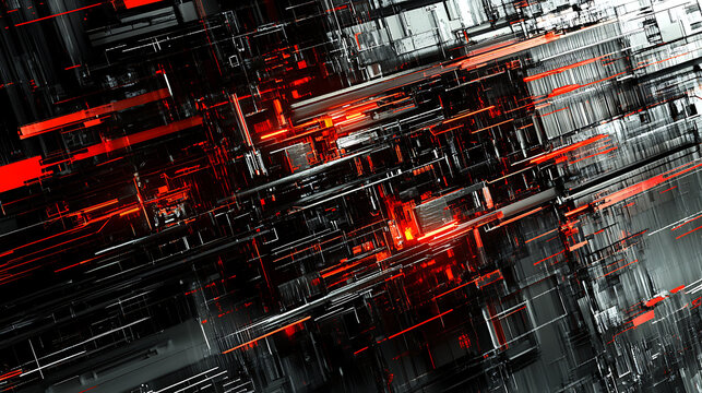 Abstract Digital Network with Red and Black Lines